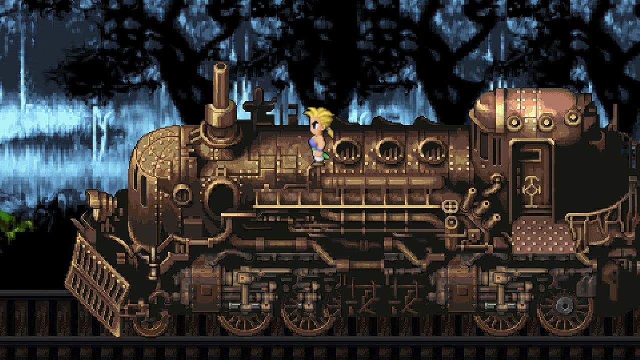 Personagem em pixel art caminha sobre uma locomotiva steampunk em um cenário sombrio, com floresta escura e luz azulada ao fundo.