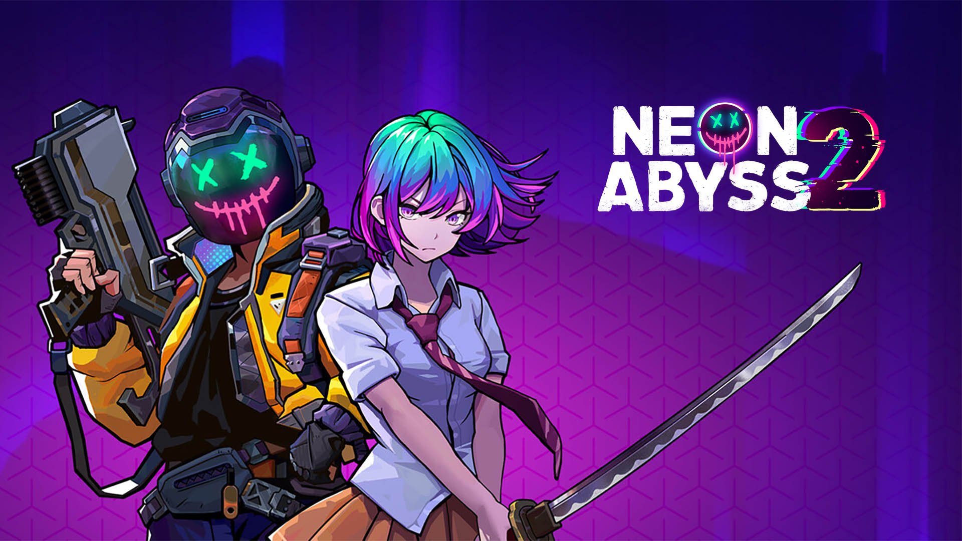 Wallpaper oficial de Neon Abyss 2 com personagens e estética cyberpunk neon
