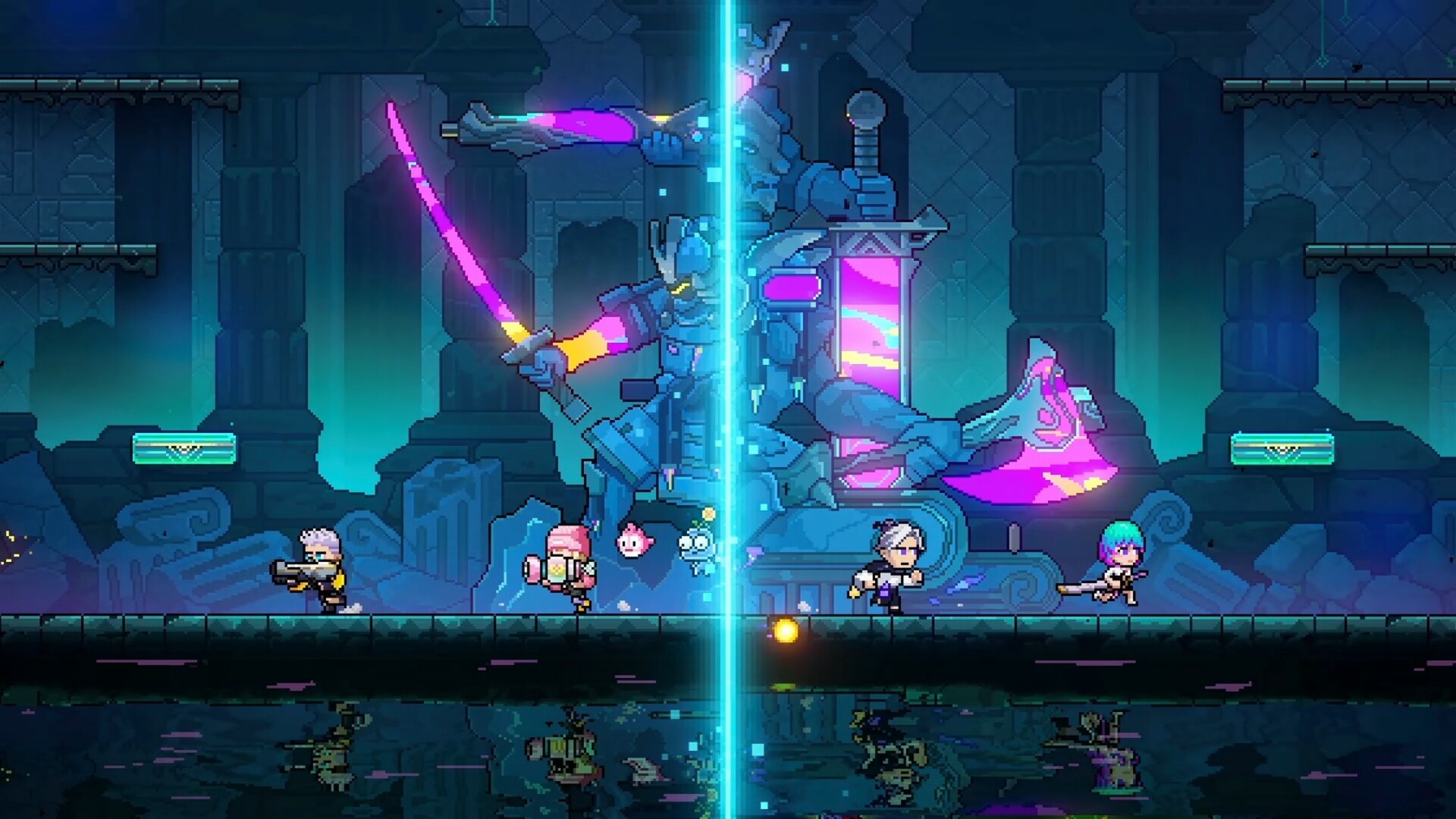 Gameplay cooperativo de Neon Abyss 2 com quatro jogadores e efeitos visuais neon caóticos