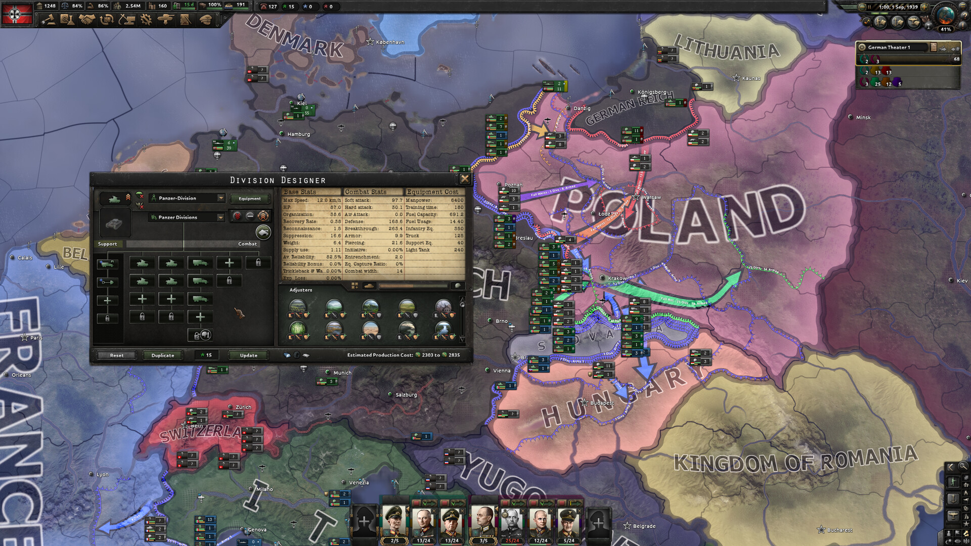 Captura de tela de Hearts of Iron IV mostrando o mapa estratégico da Europa Central, com a Alemanha avançando sobre a Polônia, linhas de frente, ordens militares e a janela de criação de divisões aberta.