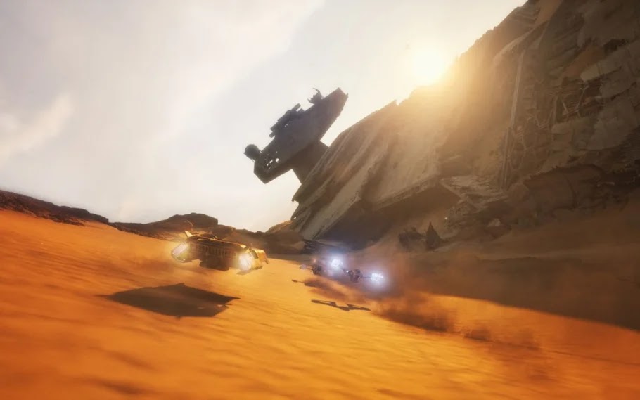 Gameplay de Star Wars Galactic Racer com corrida intensa sobre o deserto de Jakku.