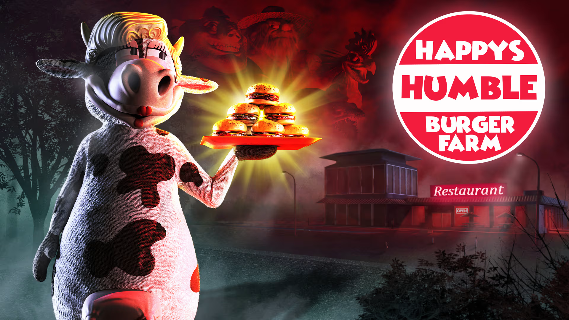 Restaurante fast-food assombrado de Happy's Humble Burger Farm com a mascote bovina sinistra ao fundo