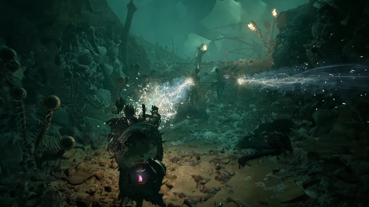 Ambiente de Umbral em Lords of the Fallen II com iluminação volumétrica e ruínas góticas.