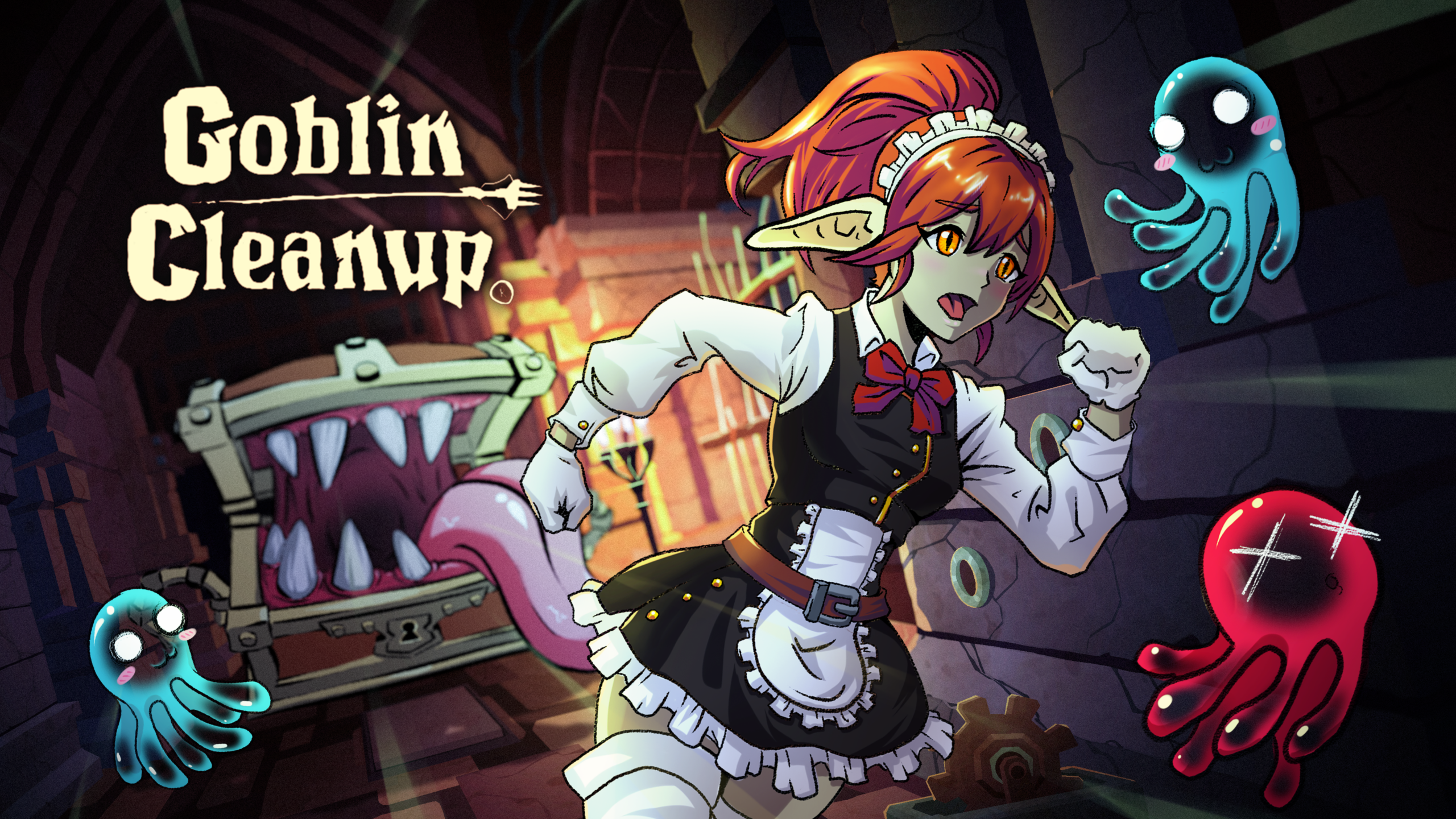 Goblins de limpeza reorganizando uma dungeon em Goblin Cleanup com vassouras e equipamentos de faxina