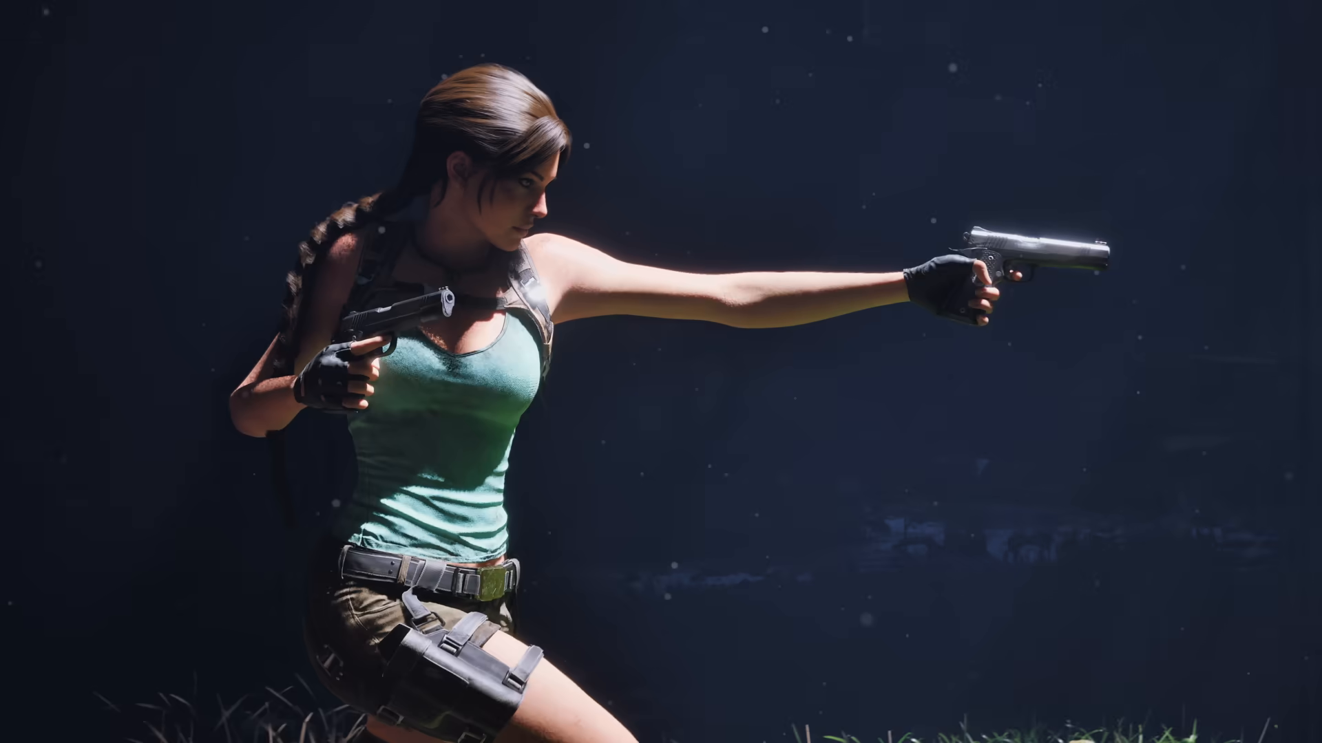 Lara Croft aparece em pose de combate, segurando duas pistolas em um cenário escuro, com visual moderno e clima de ação em Tomb Raider.<